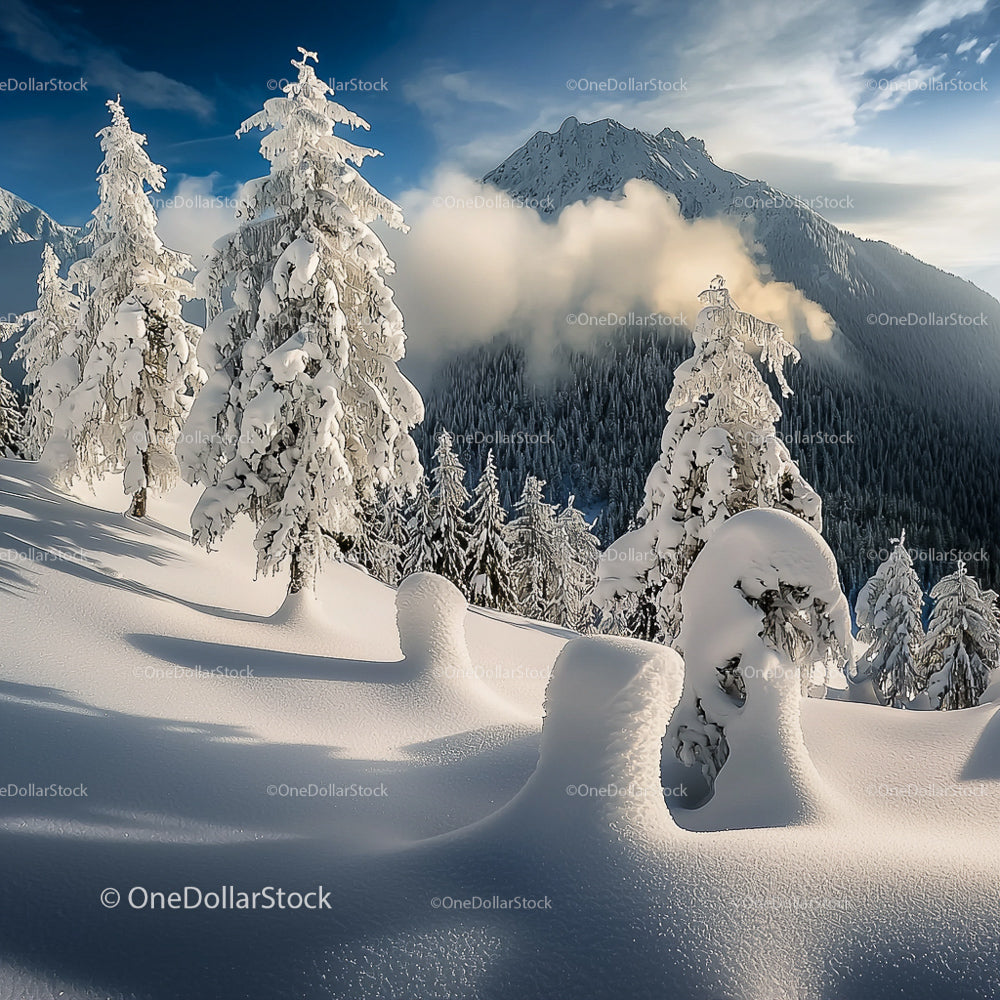 Snow-Covered Pines in Majestic Mountain Landscape