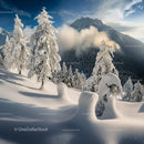 Snow-Covered Pines in Majestic Mountain Landscape
