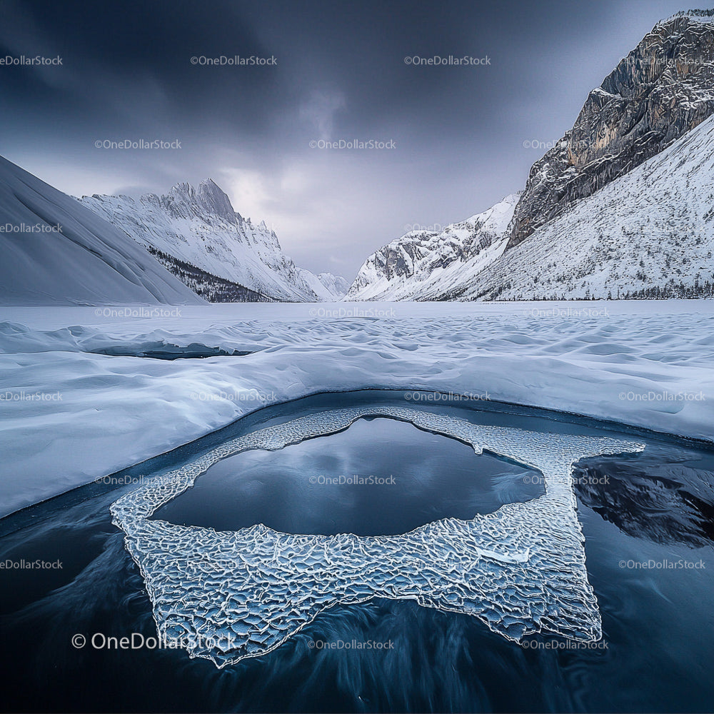 Frozen Mountain Landscape with Ice Formations and Snowy Peaks
