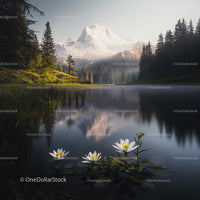 Tranquil Alpine Lake with Water Lilies and Snow-Capped Mountain