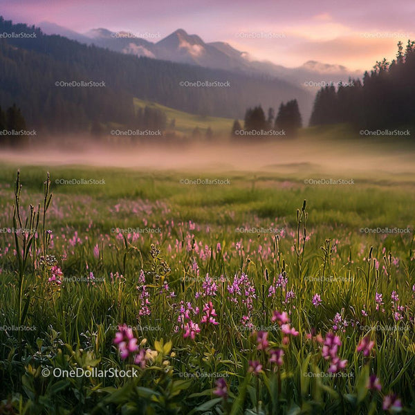 Idyllic Mountain Meadow at Sunrise with Wildflowers and Mist