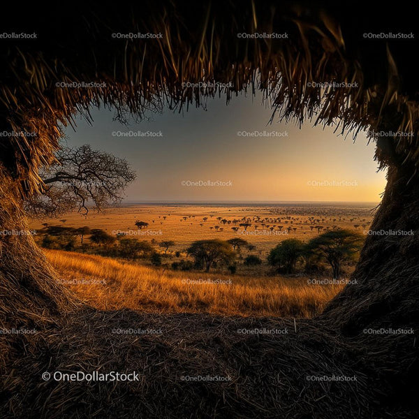 Golden Savannah Sunrise with Acacia Trees and Vast Plains