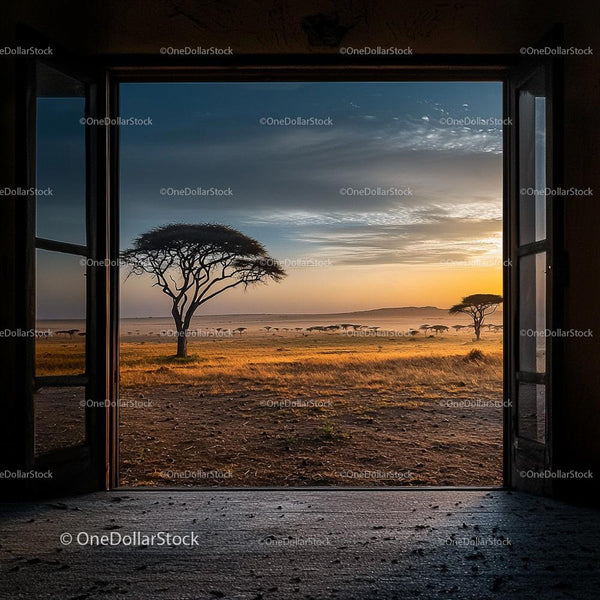 Serene African Savannah at Dawn Through Open Window