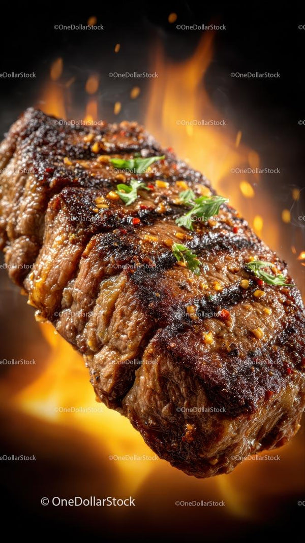 Soczysty grillowany stek z ziołami i płomieniami