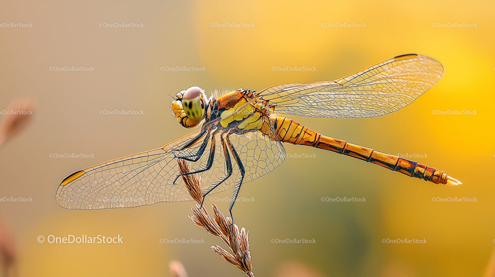 Golden Dragonfly Perched on Plant in Yellow Hues