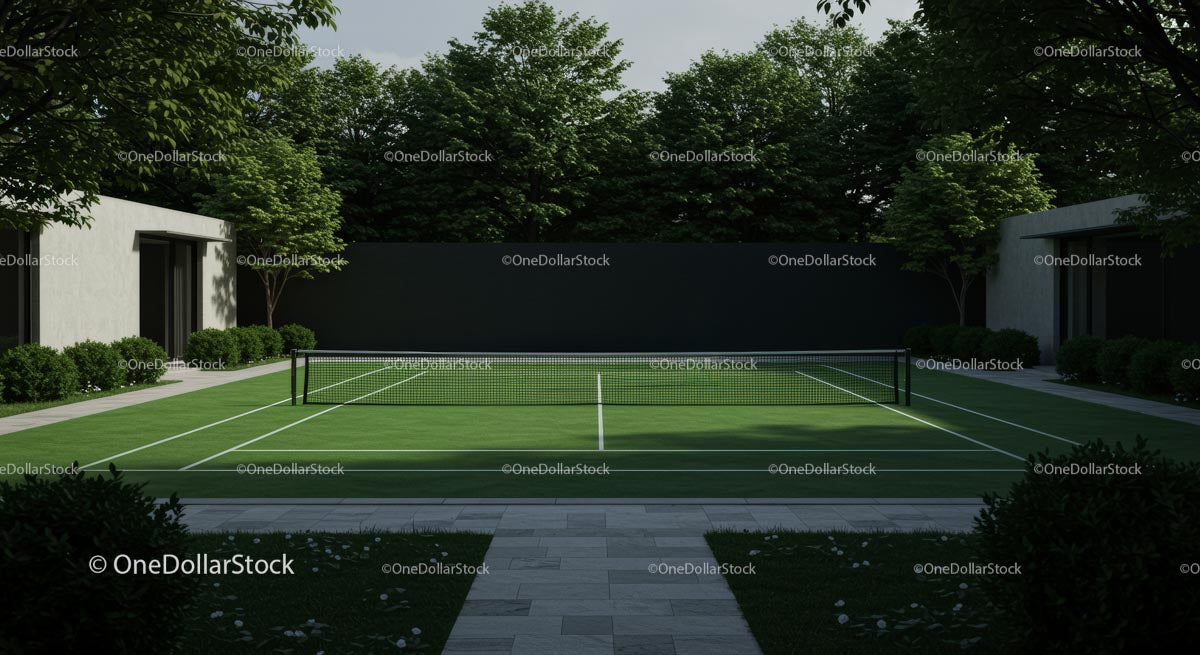 Modern Tennis Court Surrounded by Lush Greenery