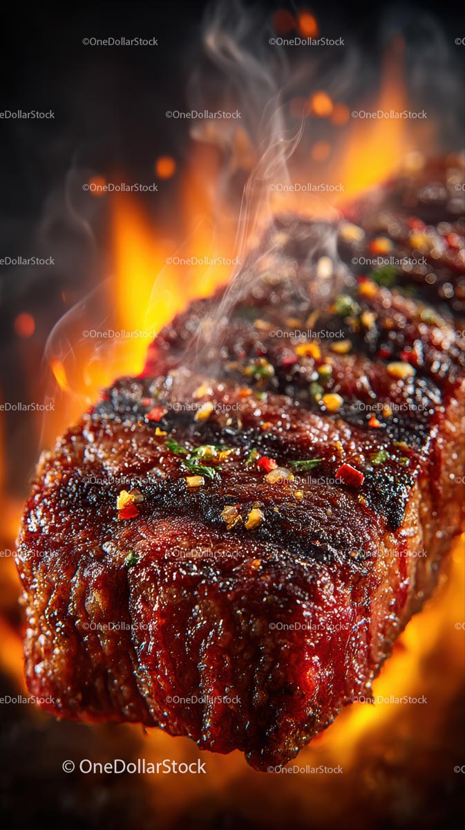 Juicy Grilled Steak on Flaming Barbecue