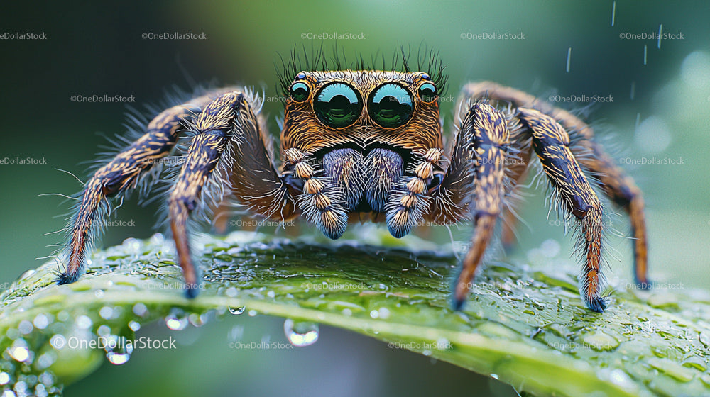 Macro Shot of Jumping Spider on Dewy Leaf