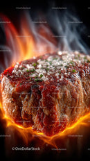 Juicy Grilled Steak with Flames and Seasoning