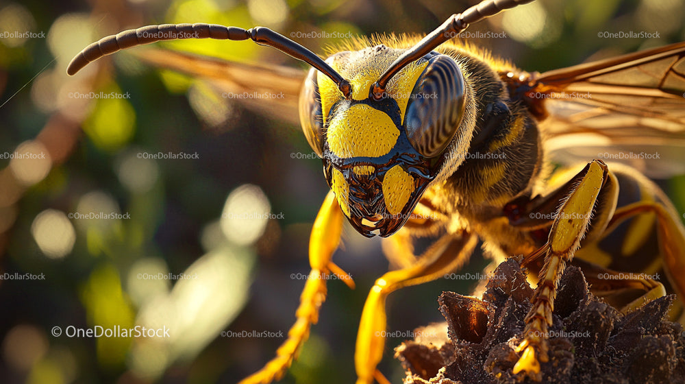 Macro Shot of a Yellow and Black Wasp on a Branch