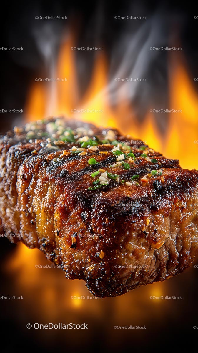 Juicy Grilled Steak with Flames in the Background