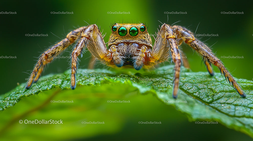 Jumping Spider on Vibrant Green Leaf in Close-Up View