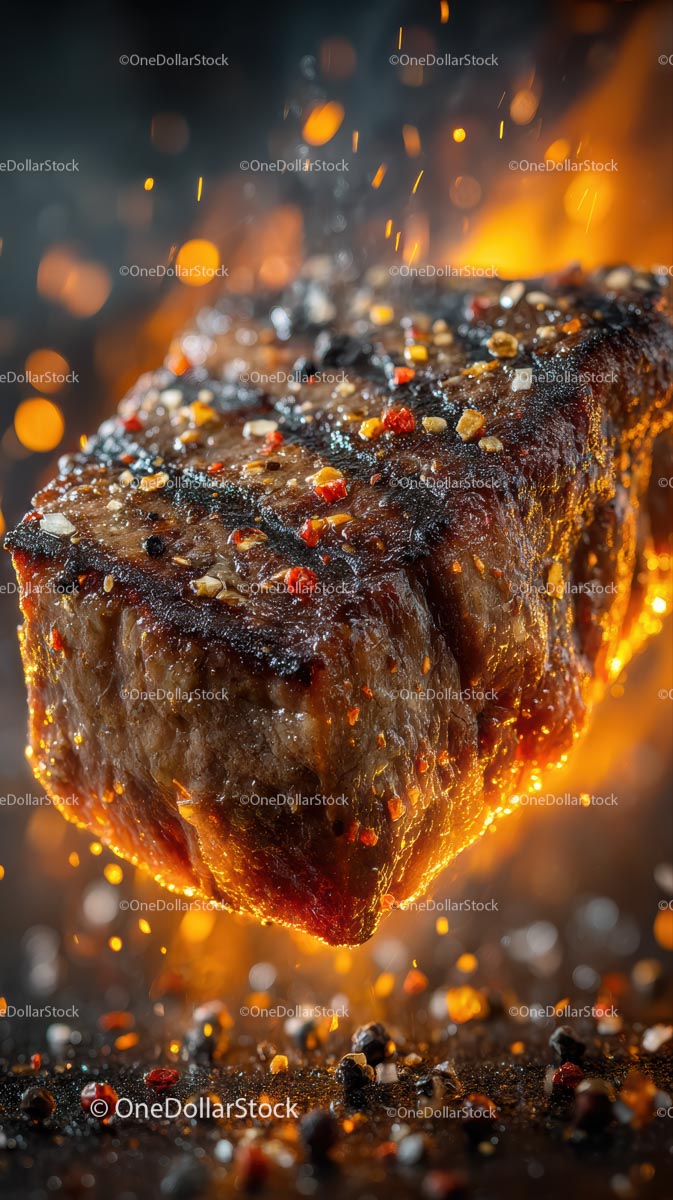 Sizzling Grilled Steak with Spices on Open Flame