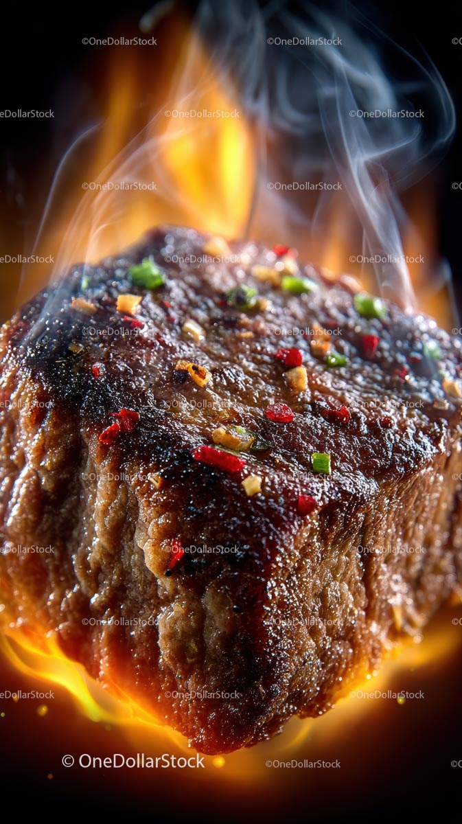 Smaczny grillowany stek z ognistym płomieniem i przyprawami
