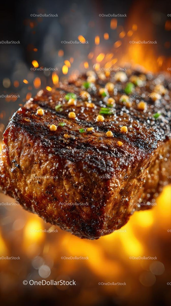 Zbliżenie na skwierczący grillowany stek z płomieniami