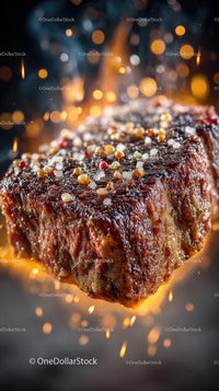 Sizzling Grilled Steak with Seasoning and Golden Flames