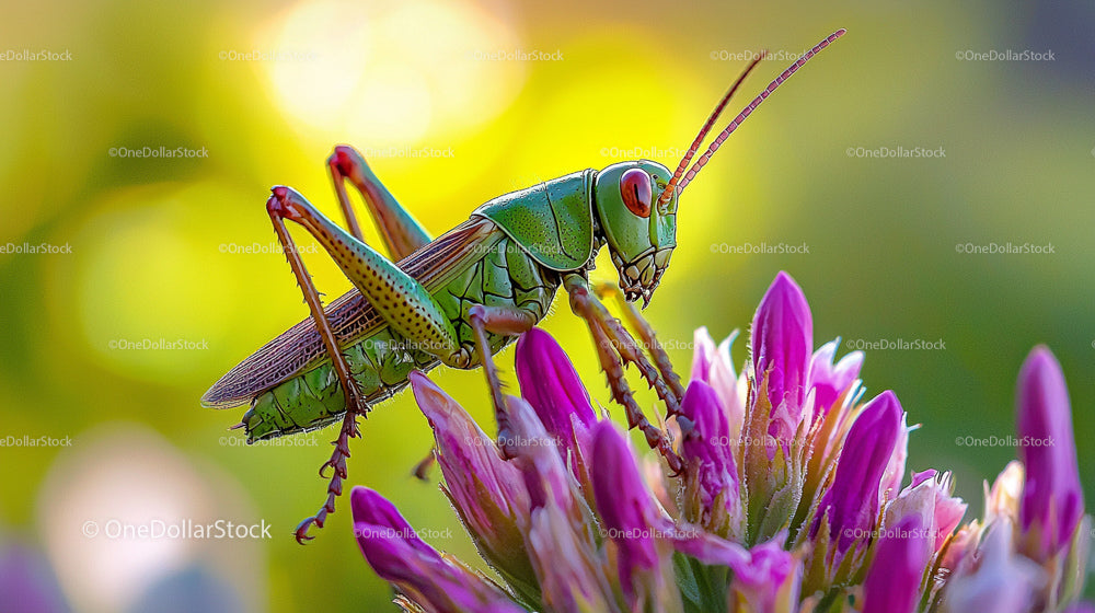 Vibrant Grasshopper on Pink Flowers in Summer Garden
