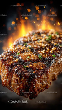 Juicy Grilled Steak with Flames and Seasoning