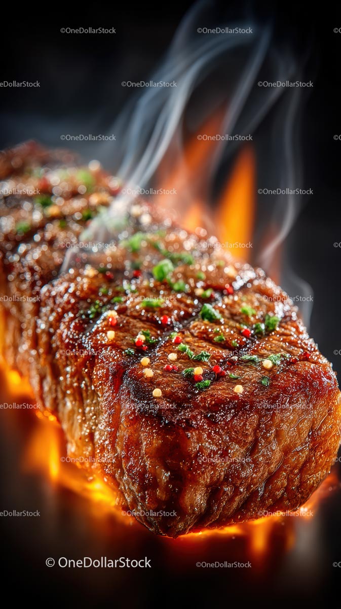Flavorful Grilled Steak with Sizzling Barbecue Flames
