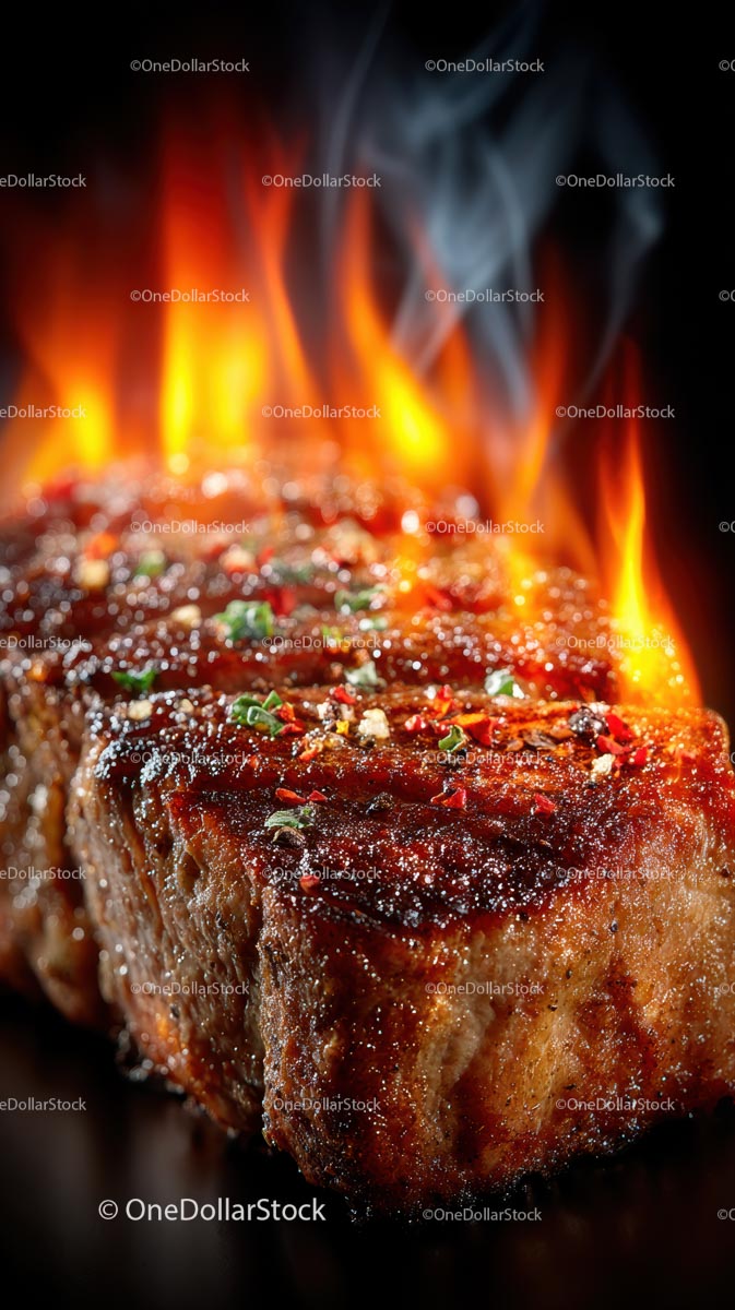 Juicy Grilled Steak with Flames and Seasonings