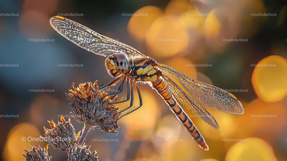 Dragonfly Resting on Autumn Wildflowers