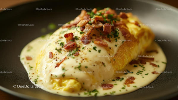 Wytrawna Omlet z Kremowym Sosem Serowym i Bekonem