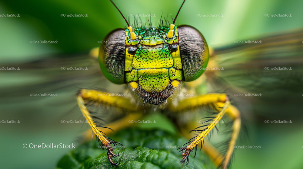 Vibrant Green Dragonfly Close-Up on Leaf