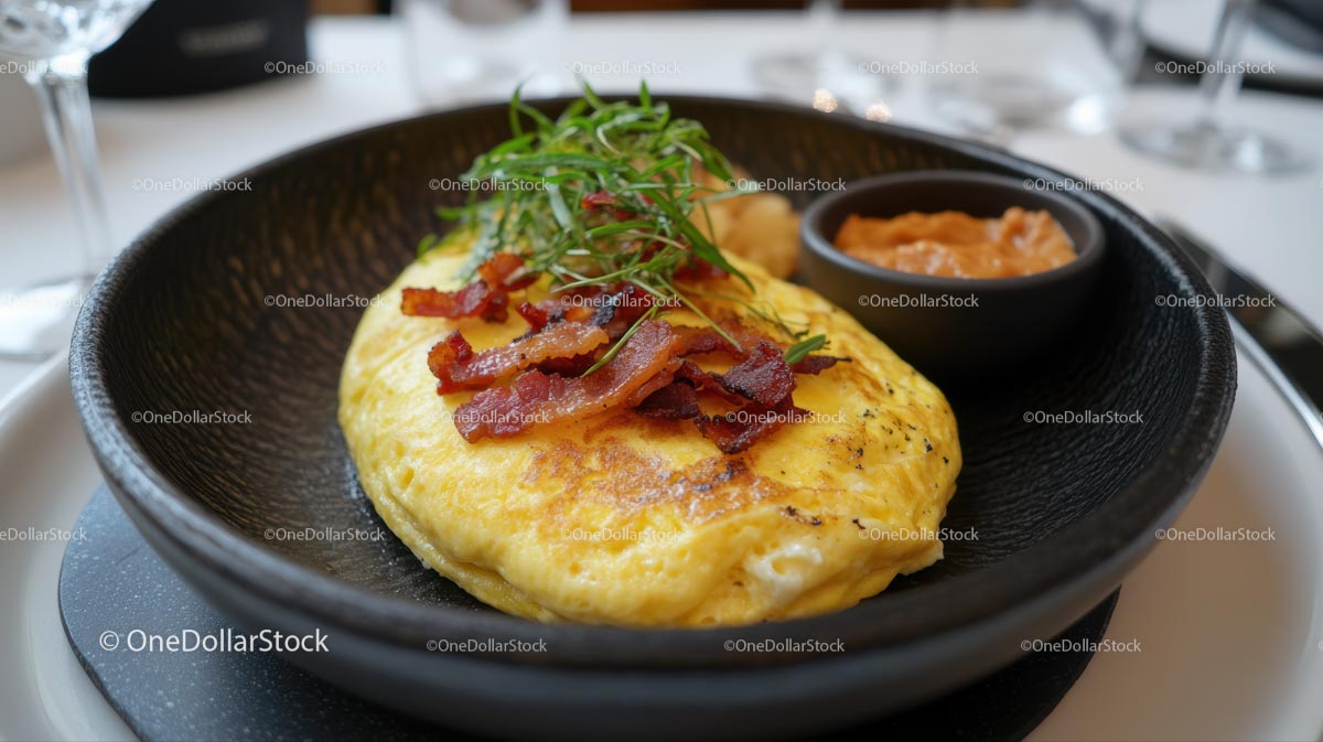 Puszysty omlet z chrupiącym boczkiem i świeżymi ziołami