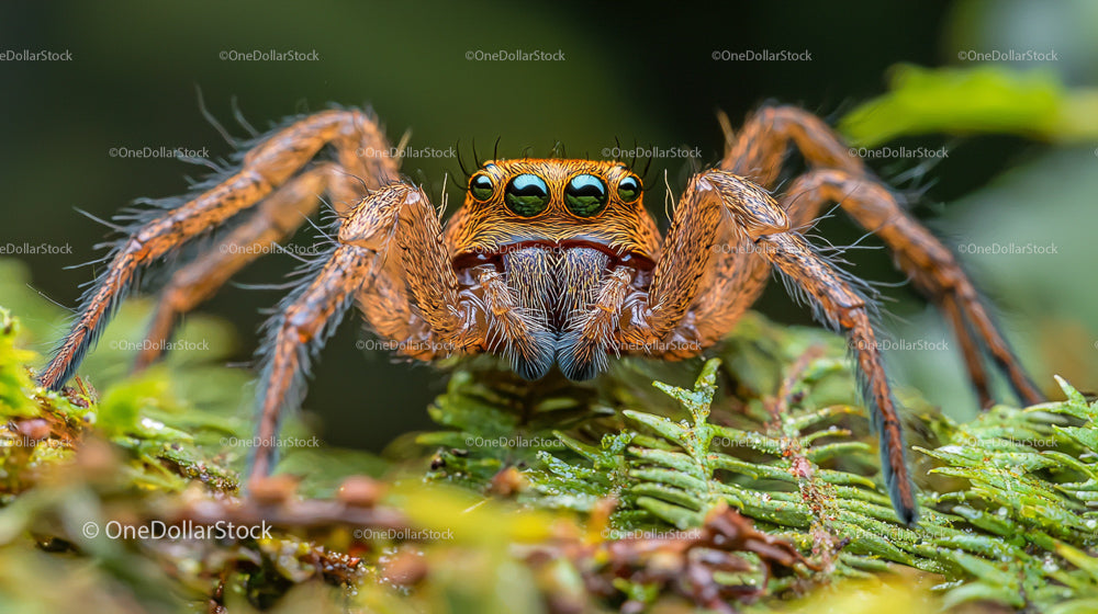 Jumping Spider on Green Fern in Vibrant Macro