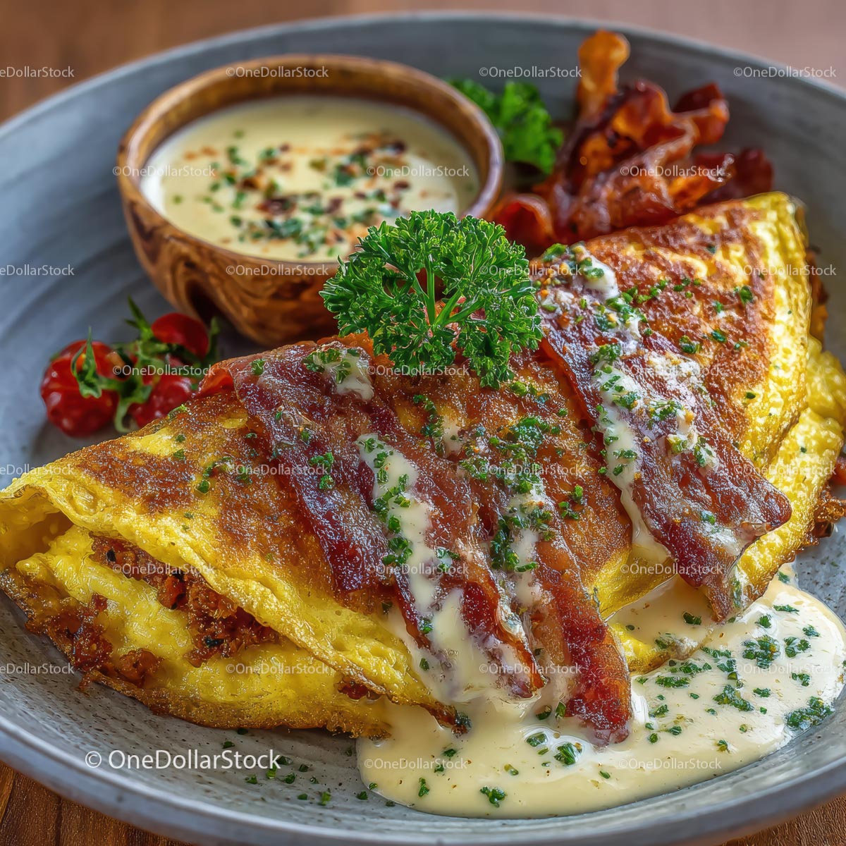 Omelette with Crispy Bacon and Creamy Sauce