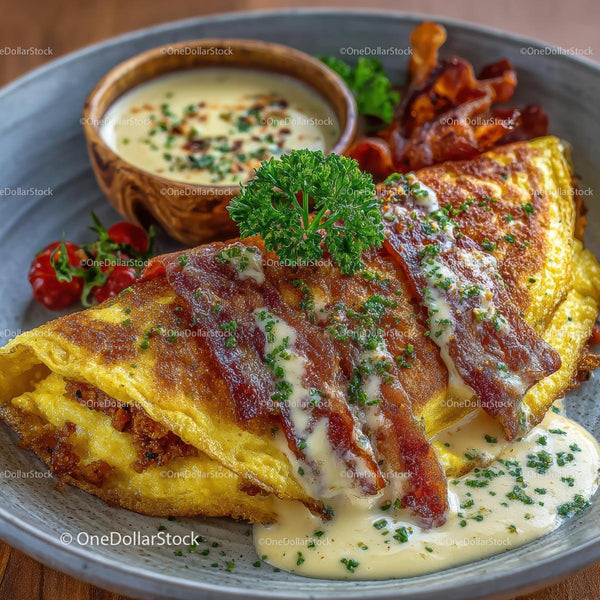 Omlet z chrupiącym boczkiem i kremowym sosem
