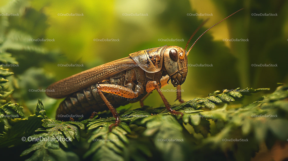Close-up of a Grasshopper on Green Fern Leaves