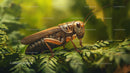 Close-up of a Grasshopper on Green Fern Leaves