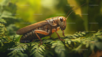Close-up of a Grasshopper on Green Fern Leaves
