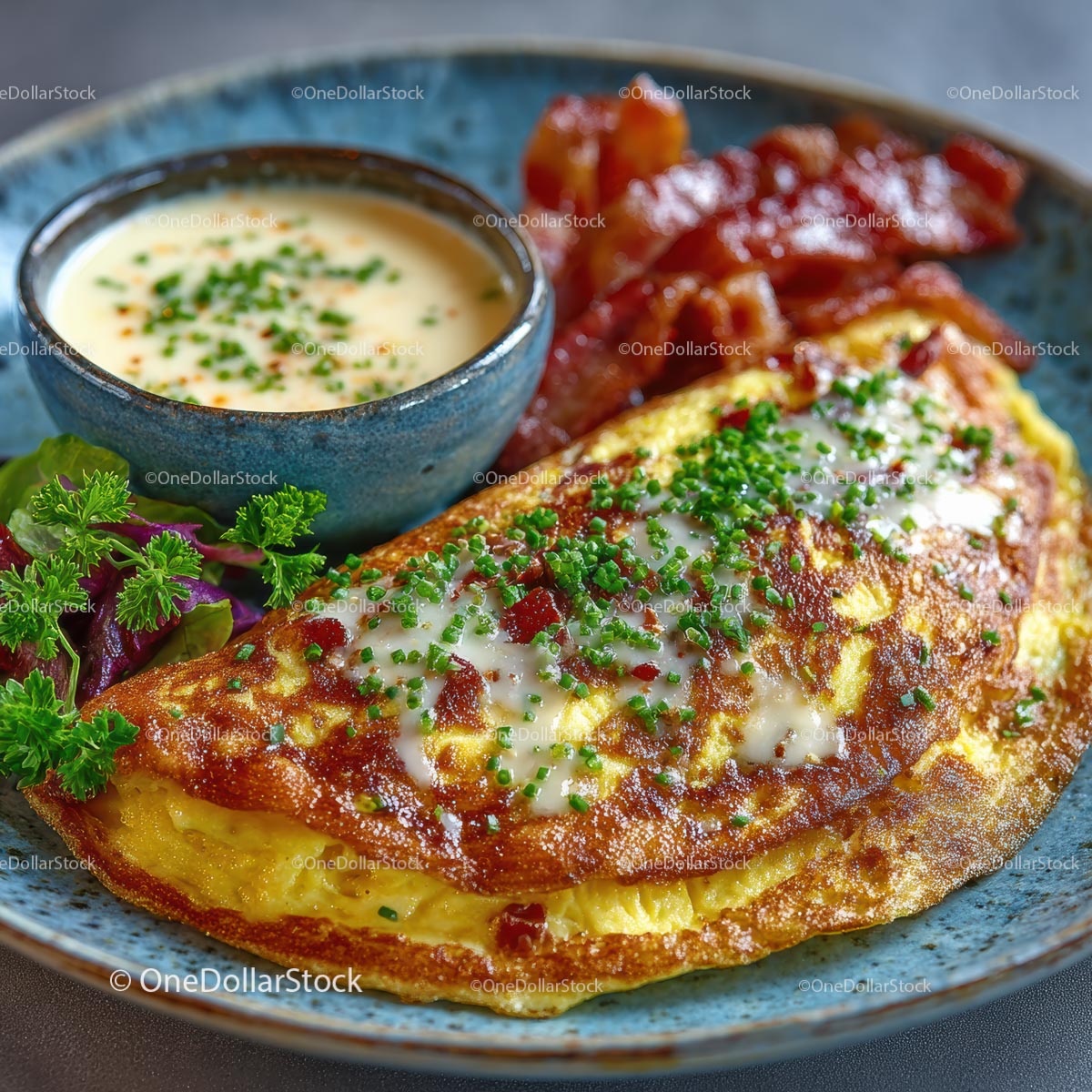 Omlet Gourmet z boczkiem i szczypiorkiem na niebieskim talerzu