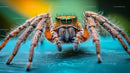 Close-Up of a Colorful Jumping Spider on Blue Surface