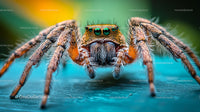 Close-Up of a Colorful Jumping Spider on Blue Surface