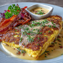 Gourmet Omelette with Crispy Bacon and Herb Sauce