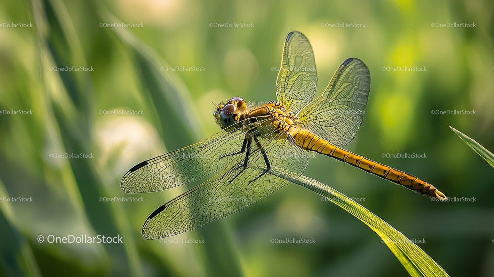Golden Dragonfly Perched on Green Leaves