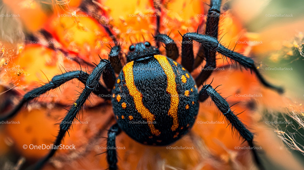 Macro Shot of Black Spider with Orange Markings on Flower