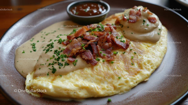 Omlet z boczkiem i kremowym sosem z ziół na brązowym talerzu