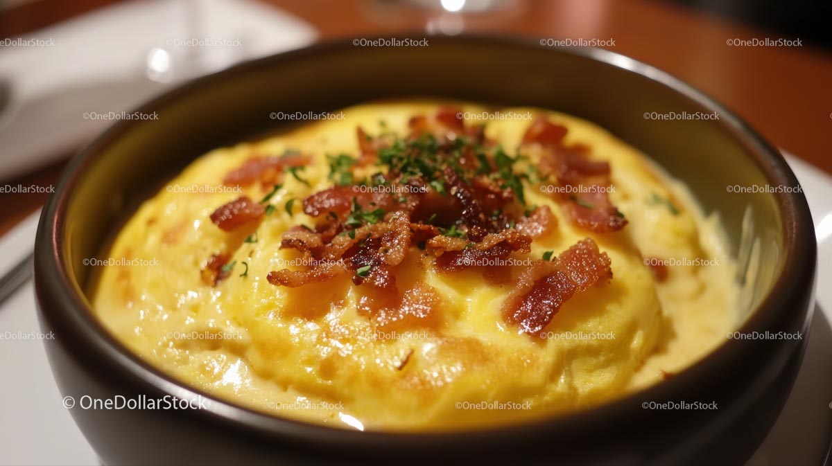 Puszysty omlet z chrupiącym boczkiem i świeżymi ziołami
