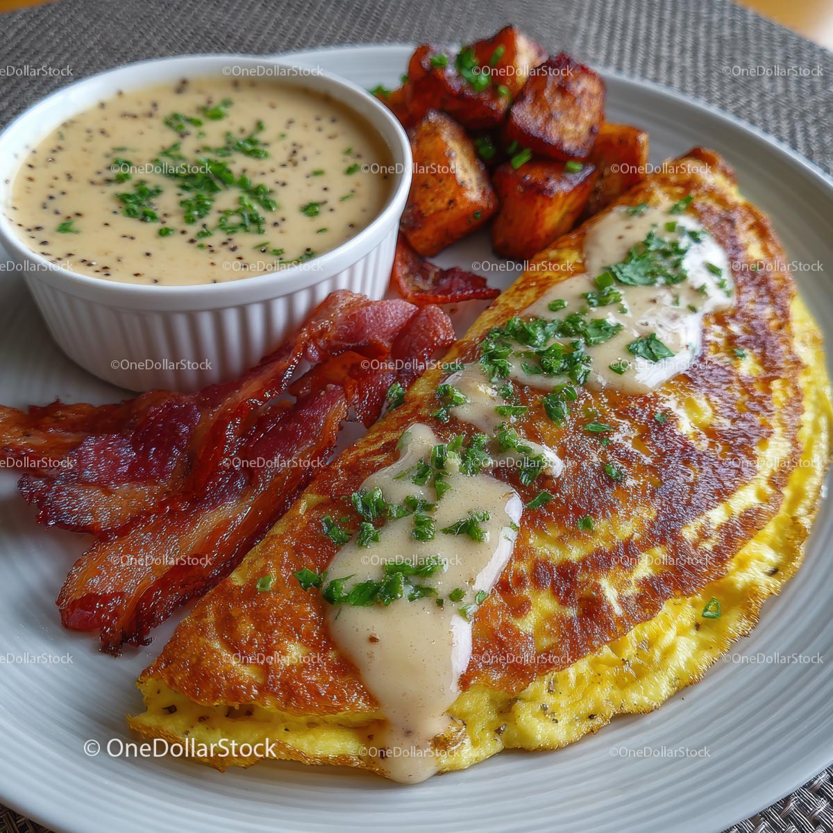 Delicious Omelette Breakfast with Bacon and Potatoes