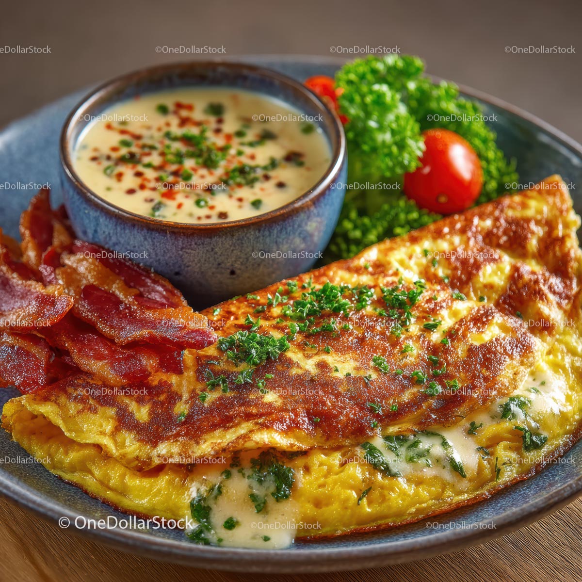 Pyszny omlet serowy z chrupiącym boczkiem i świeżymi ziołami