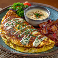 Savory Omelette with Bacon and Sauce on Rustic Plate