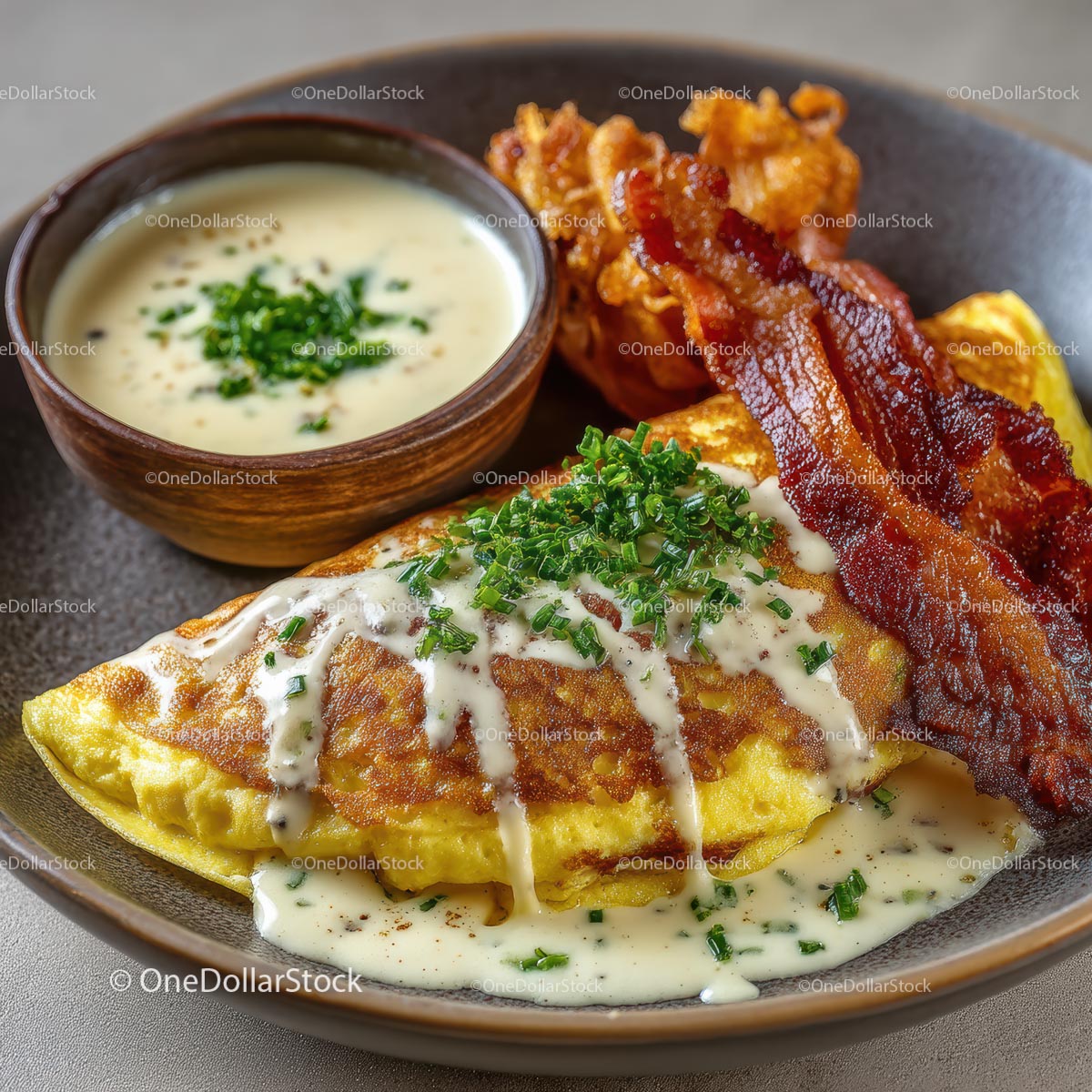 Gourmet Breakfast Omelet with Bacon and Chives