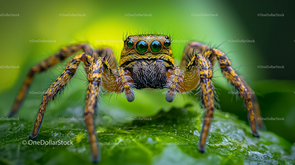 Closeup of Jumping Spider on Vibrant Green Leaf