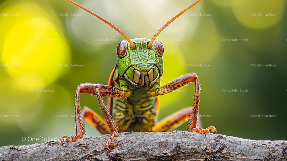 Vibrant Green Grasshopper on Forest Log