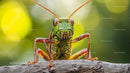 Vibrant Green Grasshopper on Forest Log