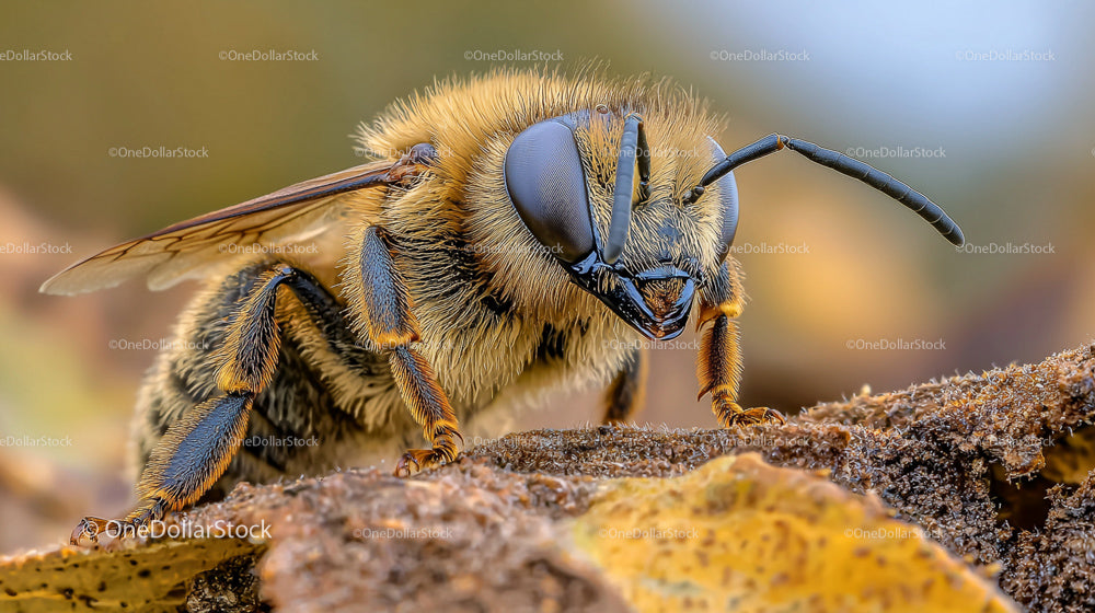 Close-Up Macro Shot of a Bee on Leafy Ground